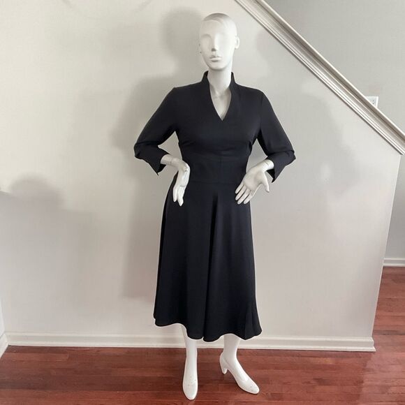 Misook Elegant Midi Black Fit & Flare Dress V-neck M Structured Crepe M - Picture 6 of 10